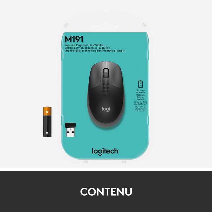 Logitech M190 - Souris Sans Fil Taille Standard pour Ordinateur, Confort Main Droite/Gauche, Précision 1000 dpi, Portée 10 m, Autonomie 18 Mois, Récépteur USB