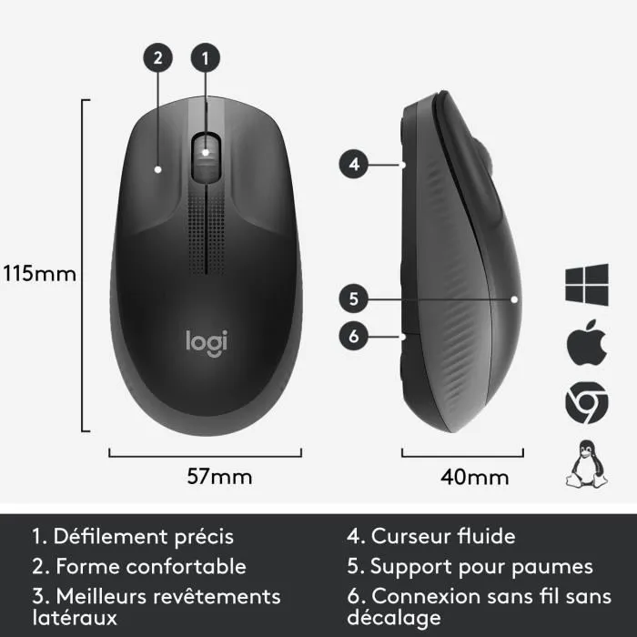 Logitech M190 Souris sans fil ergonomique pour main moyenne/grande, 1000 DPI, technologie optique - Noir