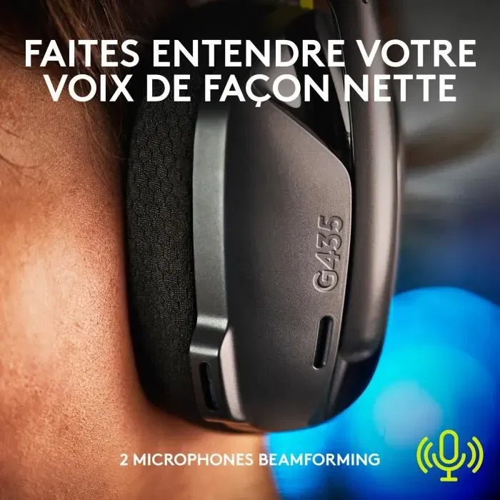 Logitech G G435 Lightspeed - Casque gamer sans fil avec Bluetooth et audio stéréo, design léger, autonomie 18h, micro réducteur de bruit, Noir Logitech G G435 Lightspeed - Casque gamer sans fil avec Bluetooth et audio stéréo, design léger, autonomie 18h, micro réducteur de bruit, Noir