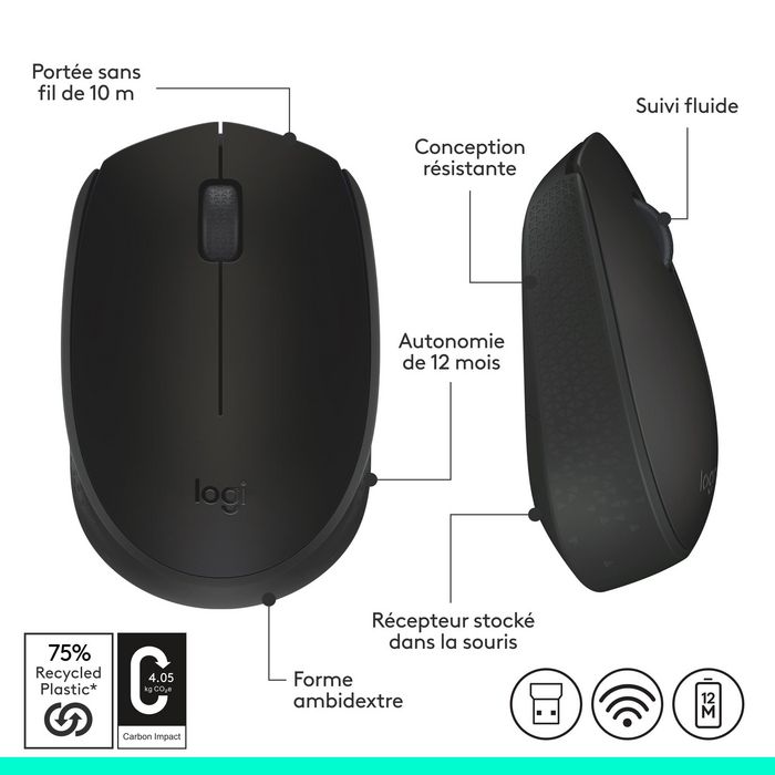 Logitech M171 Souris sans fil 2.4 GHz avec autonomie 12 mois sur pile AA, Noir, pour Windows, macOS, ChromeOS, Linux