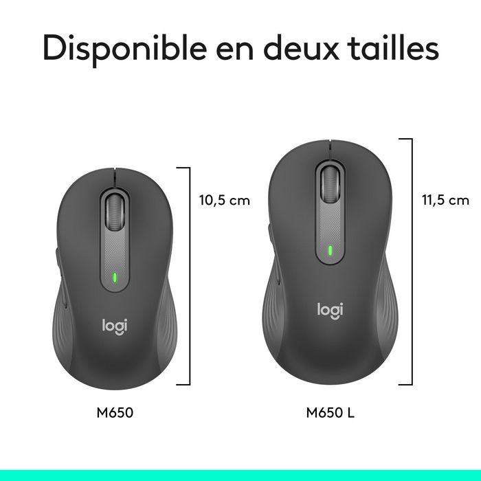 Logitech M650 L - Souris sans fil Bluetooth et Logi Bolt pour grandes mains, silencieuse, défilement SmartWheel, 5 boutons personnalisables, 2000 DPI, graphite