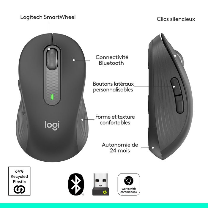 Logitech M650 L - Souris sans fil Bluetooth et Logi Bolt pour grandes mains, silencieuse, défilement SmartWheel, 5 boutons personnalisables, 2000 DPI, graphite