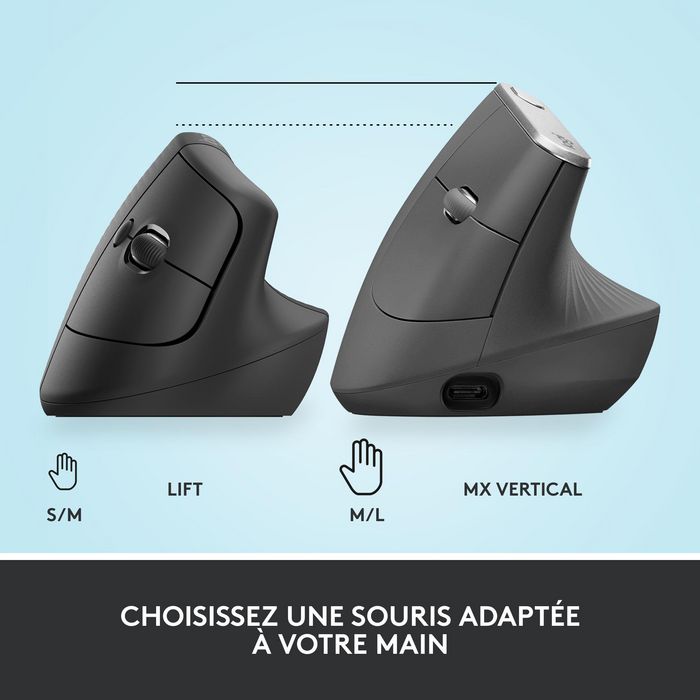 Logitech Lift - Souris ergonomique verticale sans fil pour petites et moyennes mains, Bluetooth/Logi Bolt USB, 4 boutons programmables, silencieuse, compatible Windows/macOS/iPadOS