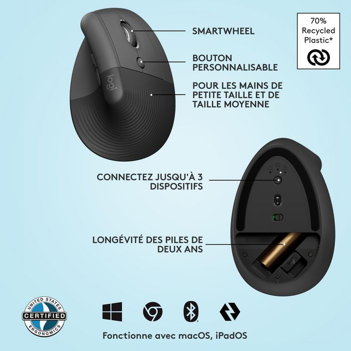 Logitech Lift - Souris ergonomique verticale sans fil pour petites et moyennes mains, Bluetooth/Logi Bolt USB, 4 boutons programmables, silencieuse, compatible Windows/macOS/iPadOS