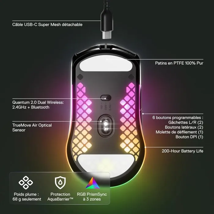 Steelseries Aerox 3 Souris Gaming Sans Fil Noir – Ultra-légère RGB IP54 68g 200h TrueMove Air Bluetooth 5.0