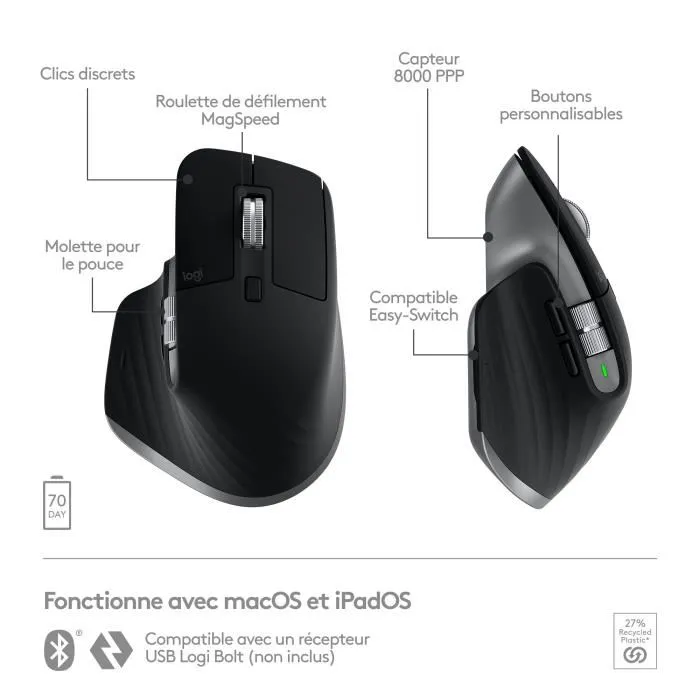 Logitech MX Master 3S Souris Sans Fil Bluetooth pour Mac, Gris Sideral, Ergonomique, Suivi sur Verre, Clics Silencieux, USB-C