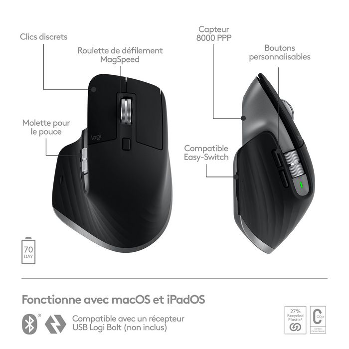 Logitech MX Master 3S for Mac, Souris sans fil Bluetooth, Gris