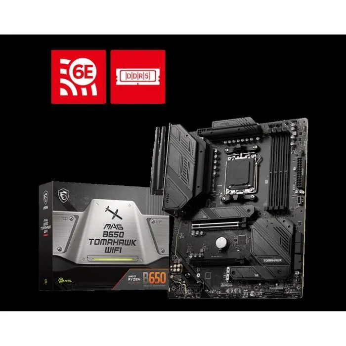 MSI Carte mère MAG B650 Tomahawk Wifi (7D75-001R) - Socket AM5, DDR5, PCIe 4.0, Wi-Fi 6E, Bluetooth, USB 3.2 - Noir MSI Carte mère MAG B650 Tomahawk Wifi (7D75-001R) - Socket AM5, DDR5, PCIe 4.0, Wi-Fi 6E, Bluetooth, USB 3.2 - Noir