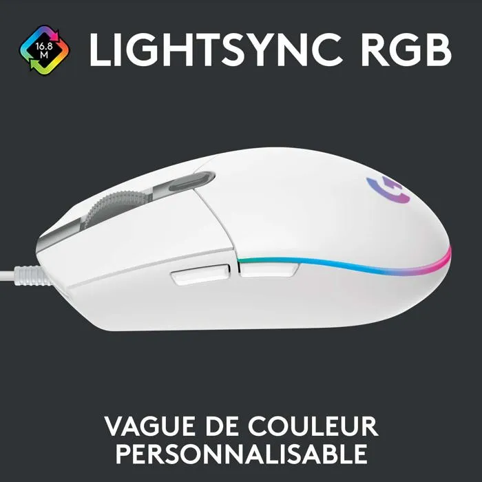 Logitech G G203 Souris de Jeu Filaire Blanc - Capteur 8000 PPP, RVB LIGHTSYNC Personnalisable