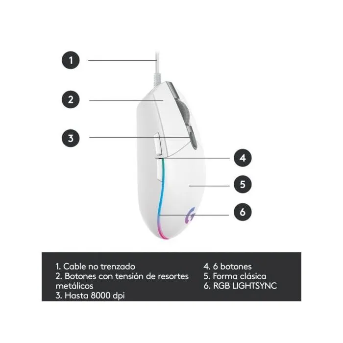 Logitech G G203 Souris de Jeu Filaire Blanc - Capteur 8000 PPP, RVB LIGHTSYNC Personnalisable