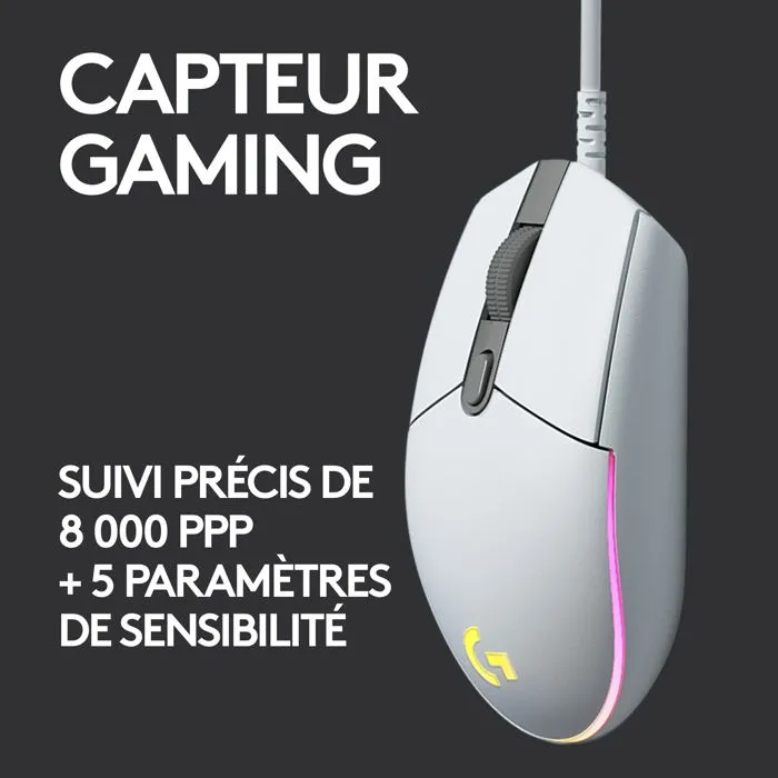 Logitech G G203 Souris de Jeu Filaire Blanc - Capteur 8000 PPP, RVB LIGHTSYNC Personnalisable