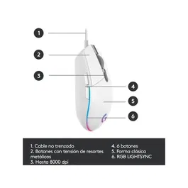 Logitech G G203 Souris de Jeu Filaire Blanc - Capteur 8000 PPP, RVB LIGHTSYNC Personnalisable