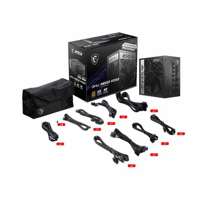 MSI Alimentation MPG A850G PCIE5 850W 80 Plus Gold, Entièrement Modulaire, câble 12VHPWR, ventilateur silencieux 135 mm