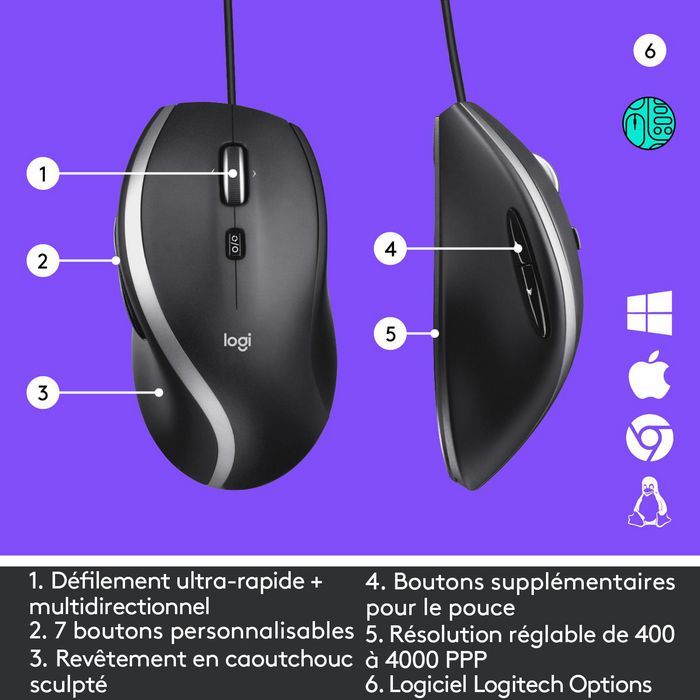 Logitech M500s Souris Filaire de Travail avec Défilement Ultrapide, 7 Boutons Programmable, DPI Réglable 400-4000, Capteur Optique, USB