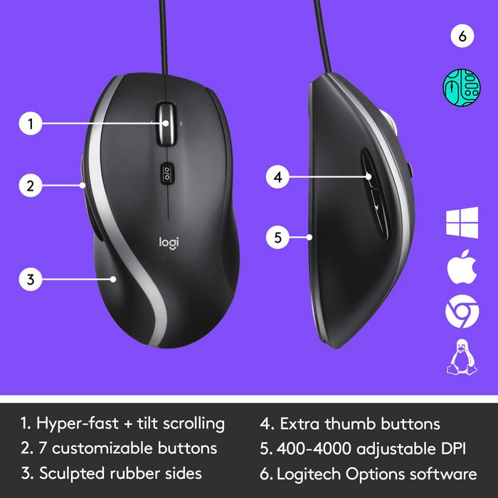 Logitech M500s Souris Filaire de Travail avec Défilement Ultrapide, 7 Boutons Programmable, DPI Réglable 400-4000, Capteur Optique, USB