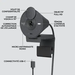 Logitech 960-001436 - Webcam Brio 300 - Noir - Full HD 1080p, Autofocus, Correction de lumière, Microphone intégré, USB