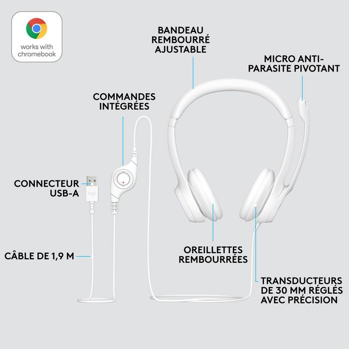 Logitech H390 - Casque audio USB avec microphone antibruit, ajustable et contrôle en ligne pour PC, ordinateur, télétravail et jeux