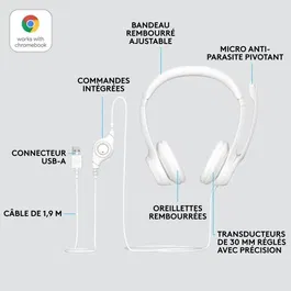 Logitech H390 Casque micro USB filaire antibruit avec microphone - Blanc