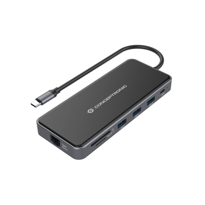 Conceptronic DONN15G - Station d'accueil USB-C 12-en-1 avec 2x HDMI, 3x USB-A, Port Ethernet Gigabit, Charge 100W, Lecteur de Cartes, Câble 25cm - Gris Conceptronic DONN15G - Station d'accueil USB-C 12-en-1 avec 2x HDMI, 3x USB-A, Port Ethernet Gigabit, Charge 100W, Lecteur de Cartes, Câble 25cm - Gris