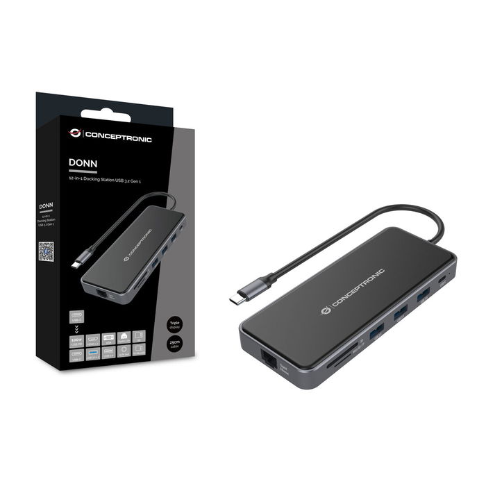 Conceptronic DONN15G - Station d'accueil USB-C 12-en-1 avec 2x HDMI, 3x USB-A, Port Ethernet Gigabit, Charge 100W, Lecteur de Cartes, Câble 25cm - Gris Conceptronic DONN15G - Station d'accueil USB-C 12-en-1 avec 2x HDMI, 3x USB-A, Port Ethernet Gigabit, Charge 100W, Lecteur de Cartes, Câble 25cm - Gris