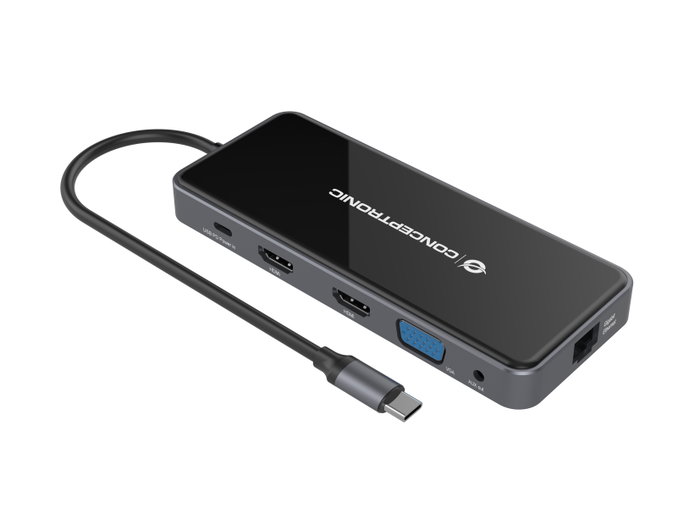Conceptronic DONN15G Adaptateur USB-C Multiport 12-en-1 HDMI VGA USB 3.0 Ethernet AUX