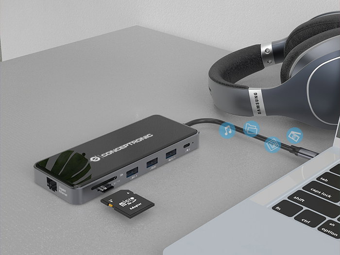 Conceptronic DONN15G Adaptateur USB-C Multiport 12-en-1 HDMI VGA USB 3.0 Ethernet AUX