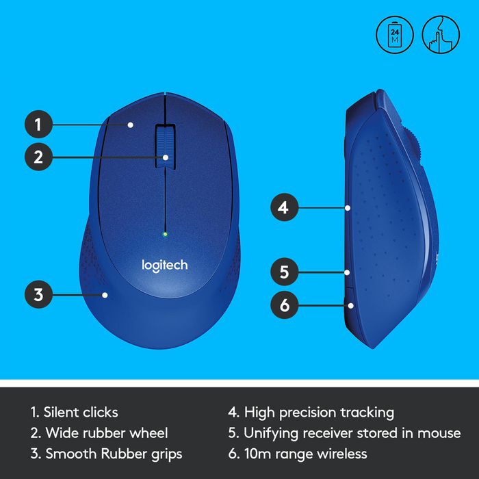 Logitech M330 Silent Plus - Souris sans fil silencieuse, réduction bruit 90%, autonomie 24 mois, nano-récepteur USB, 1000 dpi, pour Windows/Mac/ChromeOS/Linux, droitier, bleu