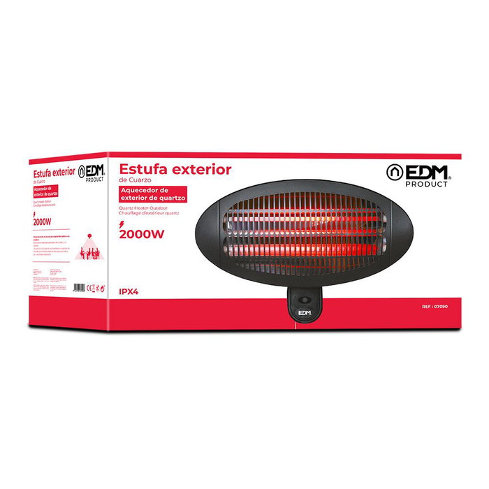 Edm Estufa de cuarzo de exterior 2000 W avec support mural noir 49,6 cm - 3 niveaux de puissance Edm Estufa de cuarzo de exterior 2000 W avec support mural noir 49,6 cm - 3 niveaux de puissance
