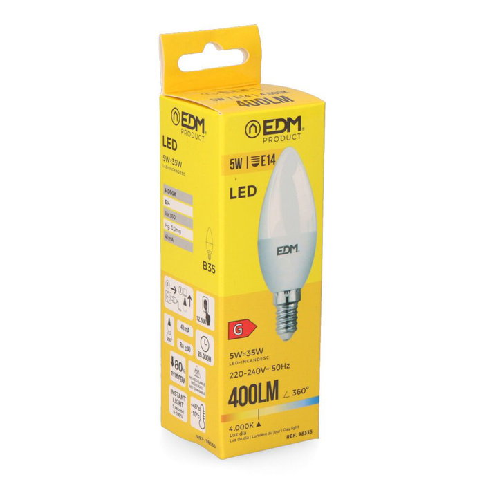 Edm E14 Ampoule LED Vela 5W 400lm 4000K Blanc Froid Ø3,5 x 10cm non dimmable