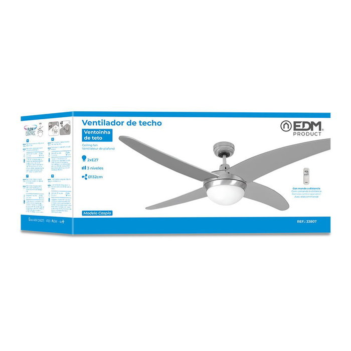 Edm Ventilateur de plafond Caspio argenté/nickel 132cm 60W avec télécommande et lumière