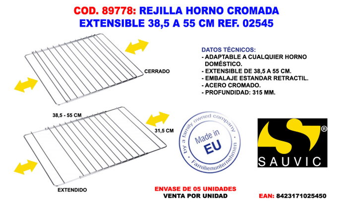 Sauvic Grille pour four extensible 38,5 cm à 55 x 31,5 cm