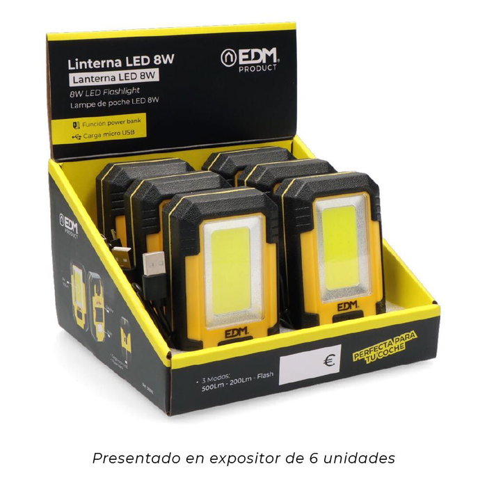Edm Lampe torche LED COB 8W 6500K 450lm/130lm/flash rechargeable USB type C avec fonction power bank et aimant - jaune/noir