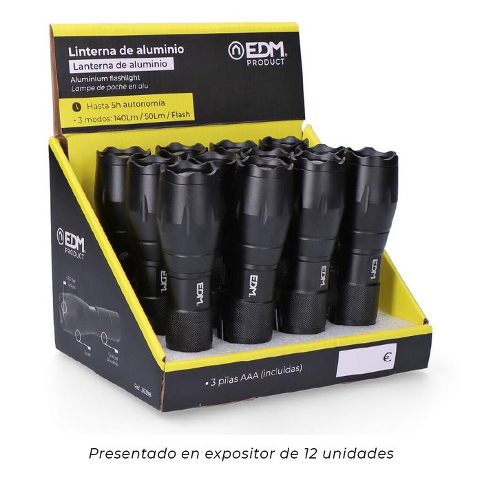 Edm Lampe torche LED Tactical Force zoom aluminium 3W 140lm 3 piles AAA incluses noir