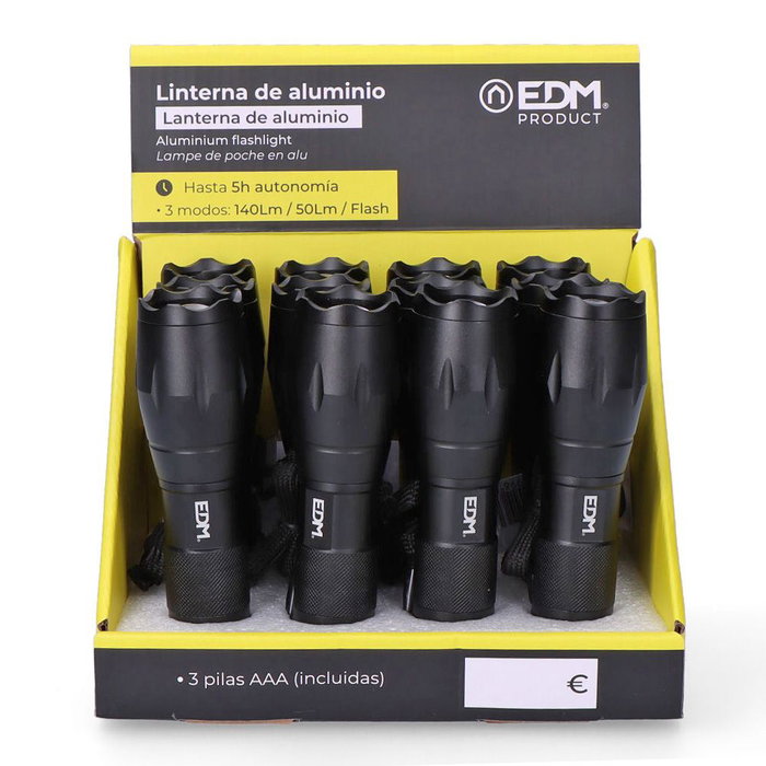 Edm Lampe torche LED Tactical Force zoom aluminium 3W 140lm 3 piles AAA incluses noir