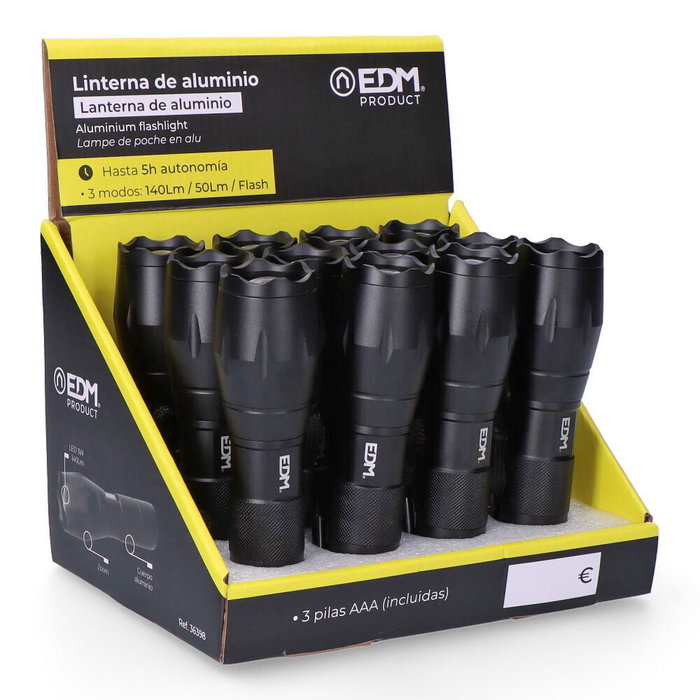 Edm Lampe torche LED Tactical Force zoom aluminium 3W 140lm 3 piles AAA incluses noir