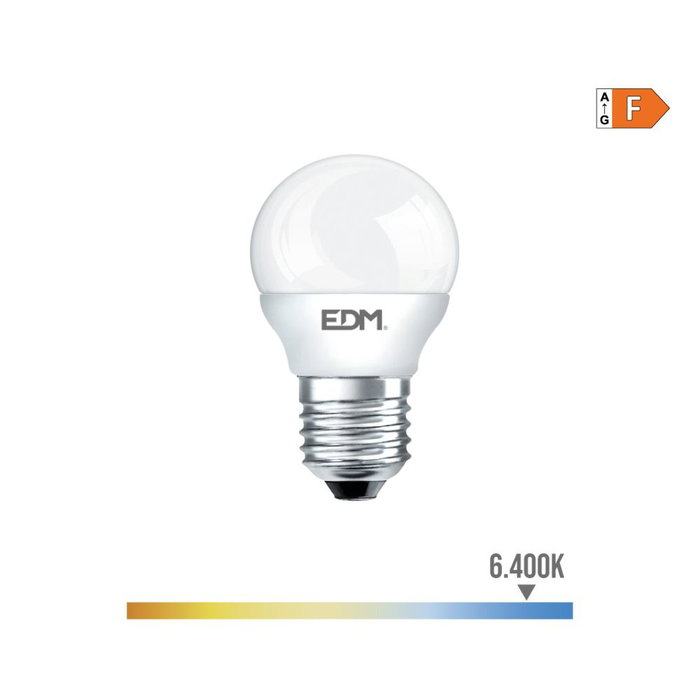 Edm Ampoule LED E27 7W 600lm 6400K Blanc Froid Sphérique Ø4,5x8cm, Classe F Edm Ampoule LED E27 7W 600lm 6400K Blanc Froid Sphérique Ø4,5x8cm, Classe F