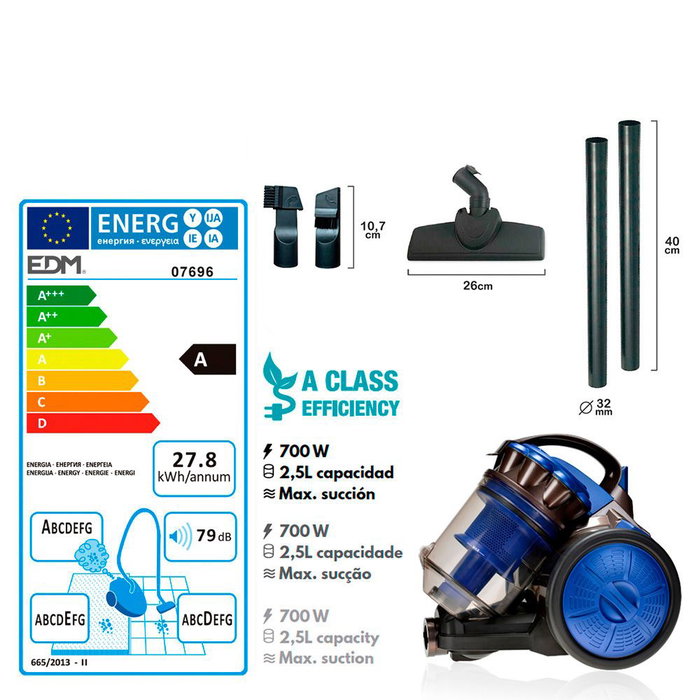 Edm Aspirateur sans sac multiclonique Classe A 700 W 2,5 L Edm Aspirateur sans sac multiclonique Classe A 700 W 2,5 L