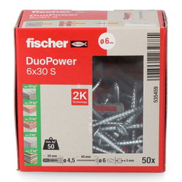Fischer Réf. 50U Tacos Duopower Ø6 x 30 mm + Vis Ø4,5 x 40 mm, Lot de 50