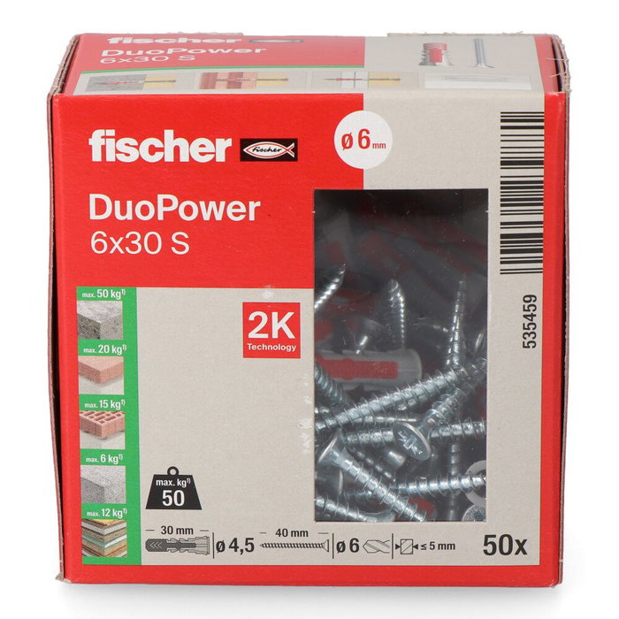 Fischer Réf. 50U Tacos Duopower Ø6 x 30 mm + Vis Ø4,5 x 40 mm, Lot de 50 Fischer Réf. 50U Tacos Duopower Ø6 x 30 mm + Vis Ø4,5 x 40 mm, Lot de 50