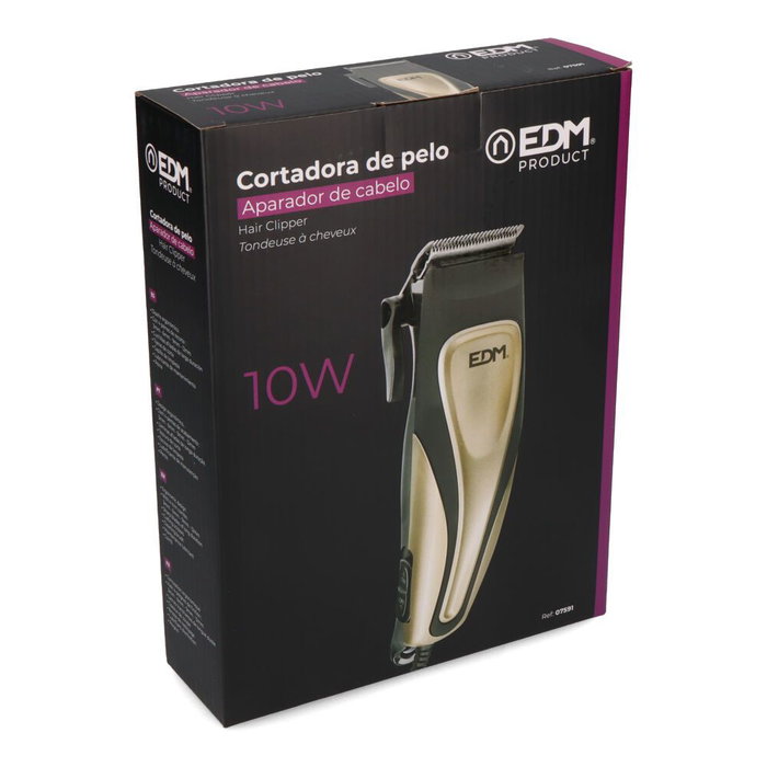 Edm Tondeuse Cheveux 10W - Kit Complet avec 4 Peignes, Taille-haies et Ciseaux, Design Ergonomique, Doré et Noir