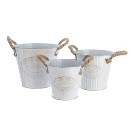 Decoris Lot de 3 seaux en zinc avec anse en corde, blanc, Ø 20 x 17 cm / Ø 17 x 15 cm / Ø 15 x 13 cm