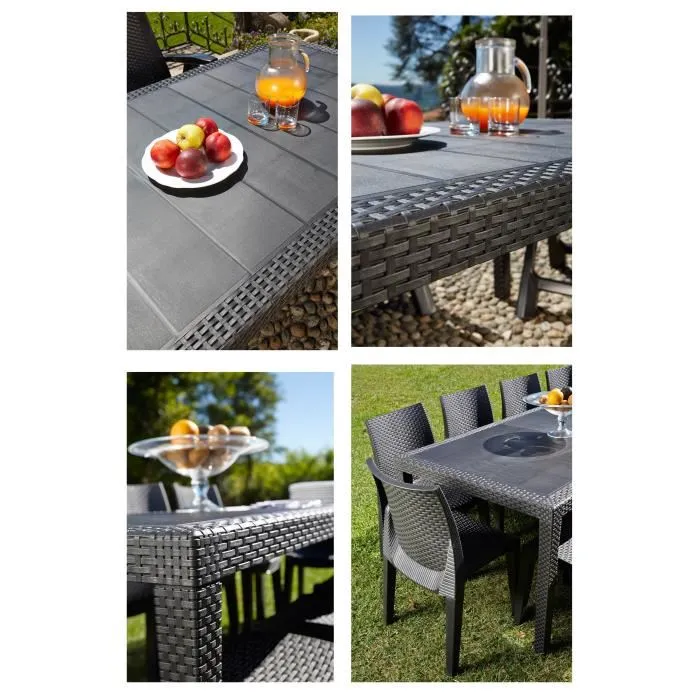 Queen Table de jardin rectangulaire effet rotin en résine, 220 x 90 cm, couleur anthracite, pour 8 personnes, style exotique Queen Table de jardin rectangulaire effet rotin en résine, 220 x 90 cm, couleur anthracite, pour 8 personnes, style exotique