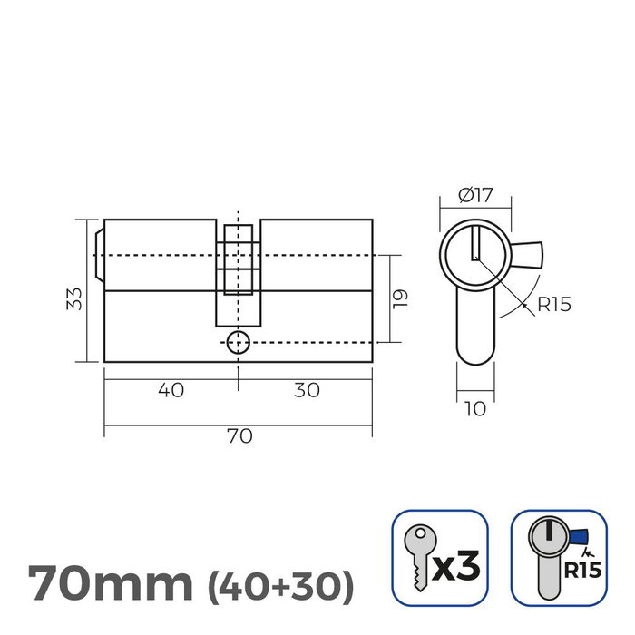 Edm Cylindre en laiton 70 mm 40+30 mm Leva longue R15 avec 3 clés à gorges incluses Doré