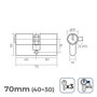 Edm Cylindre en laiton 70 mm 40+30 mm Leva longue R15 avec 3 clés à gorges incluses Doré