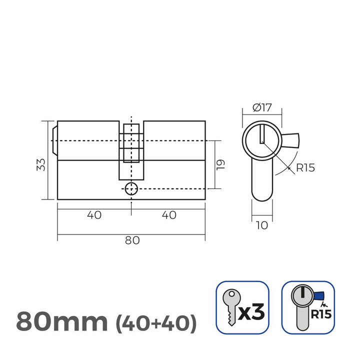 Edm Cylindre en laiton 80mm (40+40mm) leva longue R15 avec 3 clés à serrure, doré Edm Cylindre en laiton 80mm (40+40mm) leva longue R15 avec 3 clés à serrure, doré