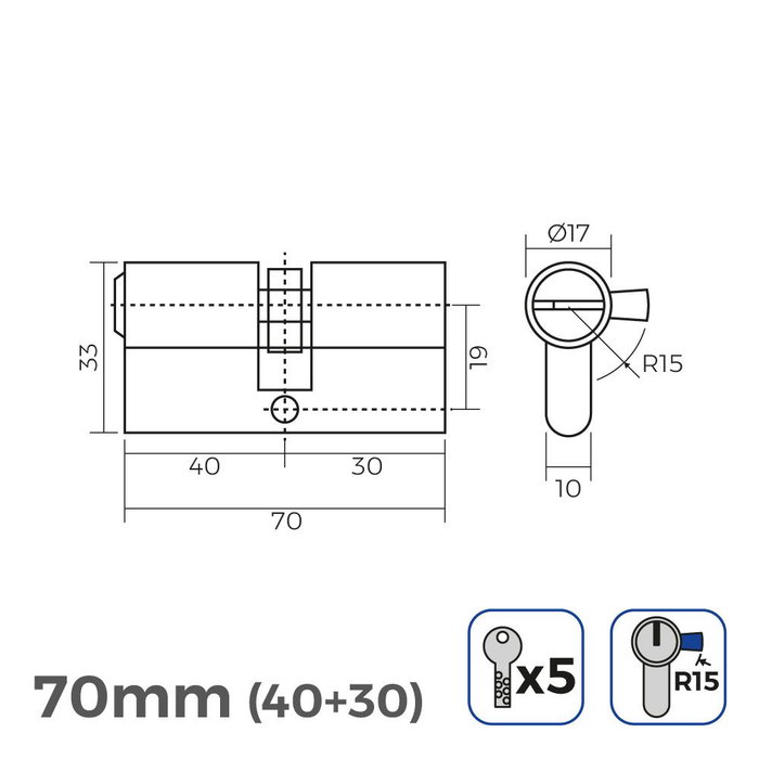 Edm Cilindre en laiton 70 mm (40+30 mm) came longue r15 avec 5 clés de sécurité Edm Cilindre en laiton 70 mm (40+30 mm) came longue r15 avec 5 clés de sécurité