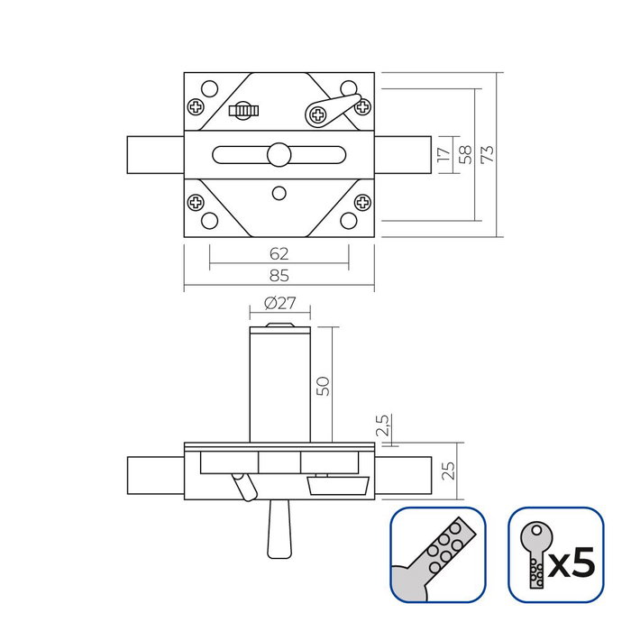 Serrure de sécurité EDM 85187 Bronze Acier 73 x 136 mm