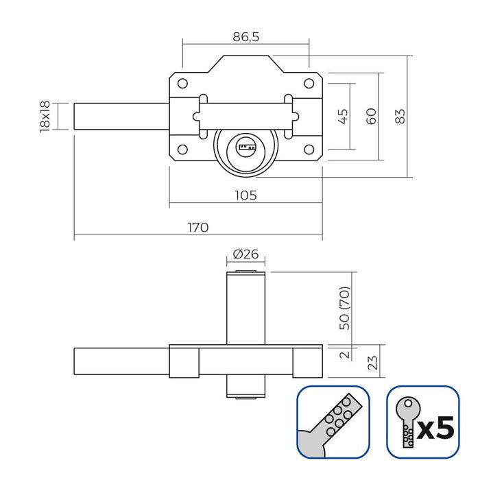 Edm Serrure de sécurité avec pêne nickel 83 x 170 mm ø 26 mm inclut 5 clés