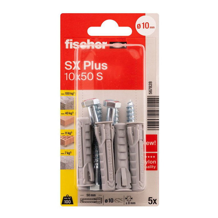 Fischer SW12 Cheville SX Plus SK NV Ø10 x 50 mm + Vis Ø7 x 65 mm, Blister 5 Pièces