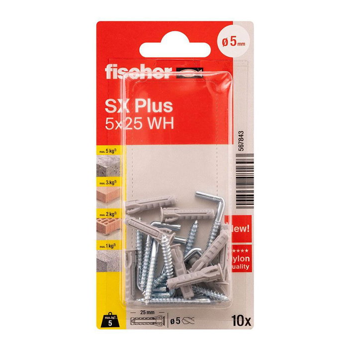 Fischer SX Plus 567843 Blister cheville + crochet 5x25mm 10 pièces Fischer SX Plus 567843 Blister cheville + crochet 5x25mm 10 pièces
